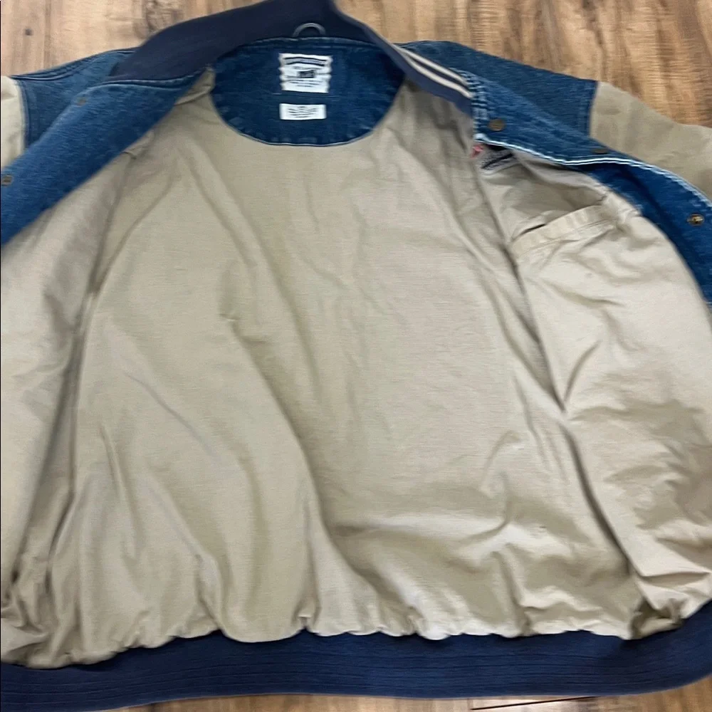 VTG Lee Denim & Beige Bomber Jacket with"OGE"& "POWER DELIVERY CONSTRUCTION" XXL - Picture 7 of 10
